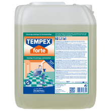 Ein großer durchsichtiger Kanister (10 L) mit blauem Schraubverschluss enthält DR.SCHNELL TEMPEX FORTE Grundreiniger und Entschichter für Böden. Das Etikett auf der Vorderseite enthält Produktinfos, Gebrauchsanweisungen und Grafiken für Reinigungsgeräte.