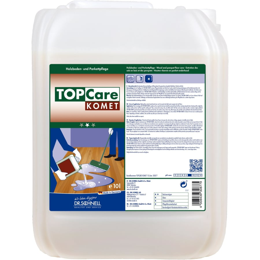 Ein großer Kunststoffbehälter (10 l) des Dr. Schnell TOPCARE Komet Gebäudereiniger für Böden der DR.SCHNELL GmbH & Co. KGaA trägt ein deutsches Etikett mit Anwendungshinweisen und einer Abbildung der Bodenreinigung.