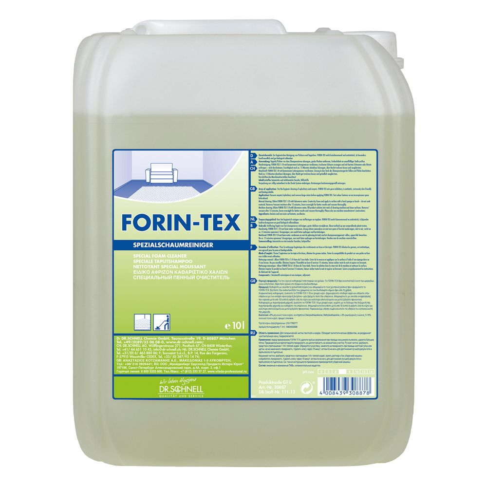 Ein 10-Liter-Behälter aus halbtransparentem Kunststoff mit Griff, beschriftet mit "Dr. Schnell FORIN-TEX Gebäudereiniger für textile Bodenbeläge und Polster" von DR.SCHNELL GmbH & Co. KGaA, gefüllt mit hellgelber Flüssigkeit und mehrsprachiger Gebrauchsanweisung.