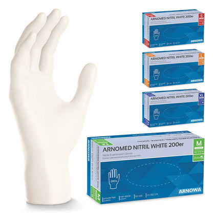 Un gant en nitrile ARNOMED NITRIL WHITE 200er de la société ARNOWA GmbH se tient à côté de quatre cartons de différentes tailles - petit, moyen, grand et extra grand - avec des étiquettes de couleur différentes.