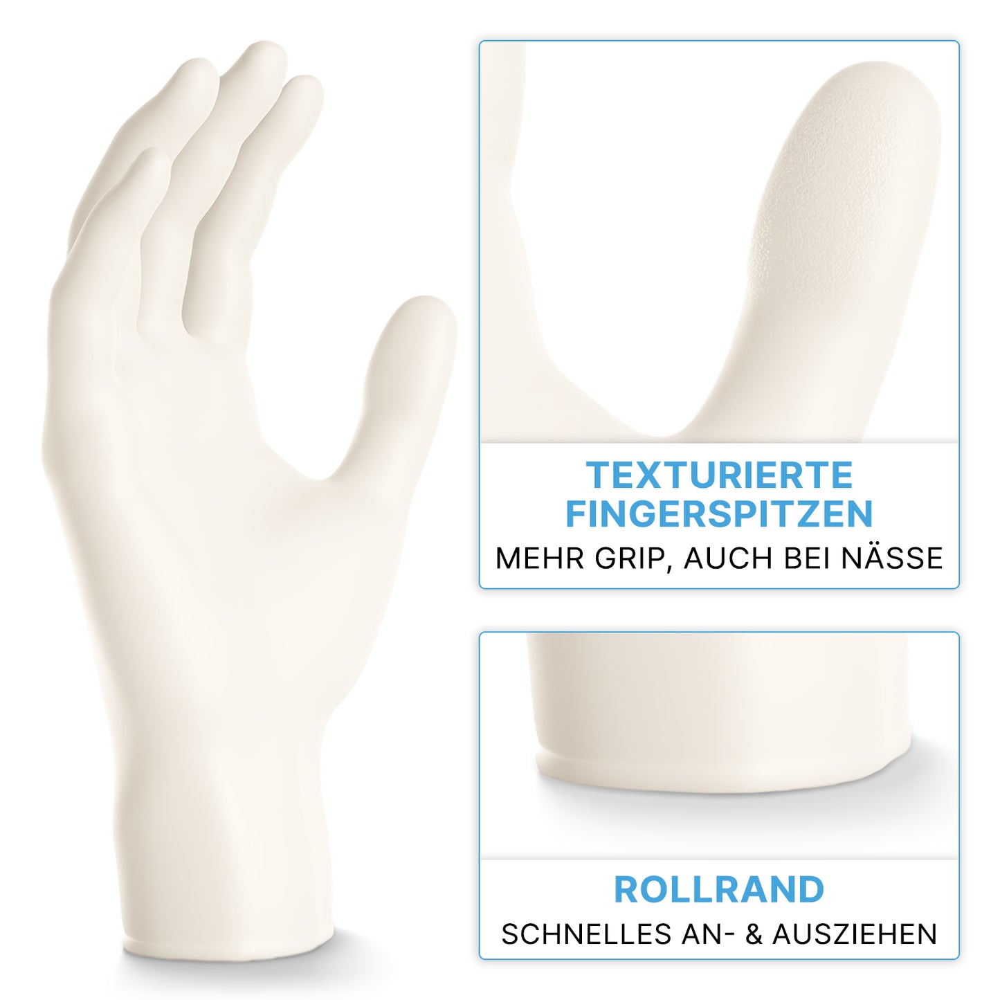 Un gant en nitrile ARNOMED NITRIL WHITE 200er de ARNOWA GmbH est représenté debout, avec ses bouts de doigts texturés et son bord roulé pour une adhérence et un enfilage faciles - idéal comme gant jetable.