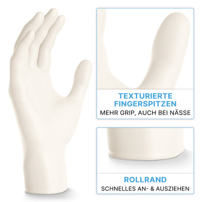 Un gant en nitrile ARNOMED NITRIL WHITE 200er de ARNOWA GmbH est représenté debout, avec ses bouts de doigts texturés et son bord roulé pour une adhérence et un enfilage faciles - idéal comme gant jetable.