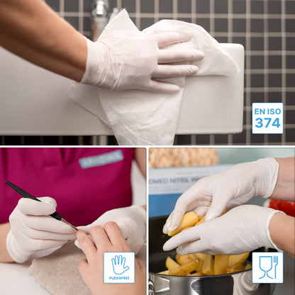 Un collage montre des mains gantées avec des gants en nitrile ARNOMED NITRIL WHITE 200er de ARNOWA GmbH lors de l'essuyage, de la manucure et de la manipulation des aliments. Les symboles EN ISO 374, sécurité alimentaire et SANS POUDRE caractérisent ces gants jetables dans le pack économique de 200 pièces.
