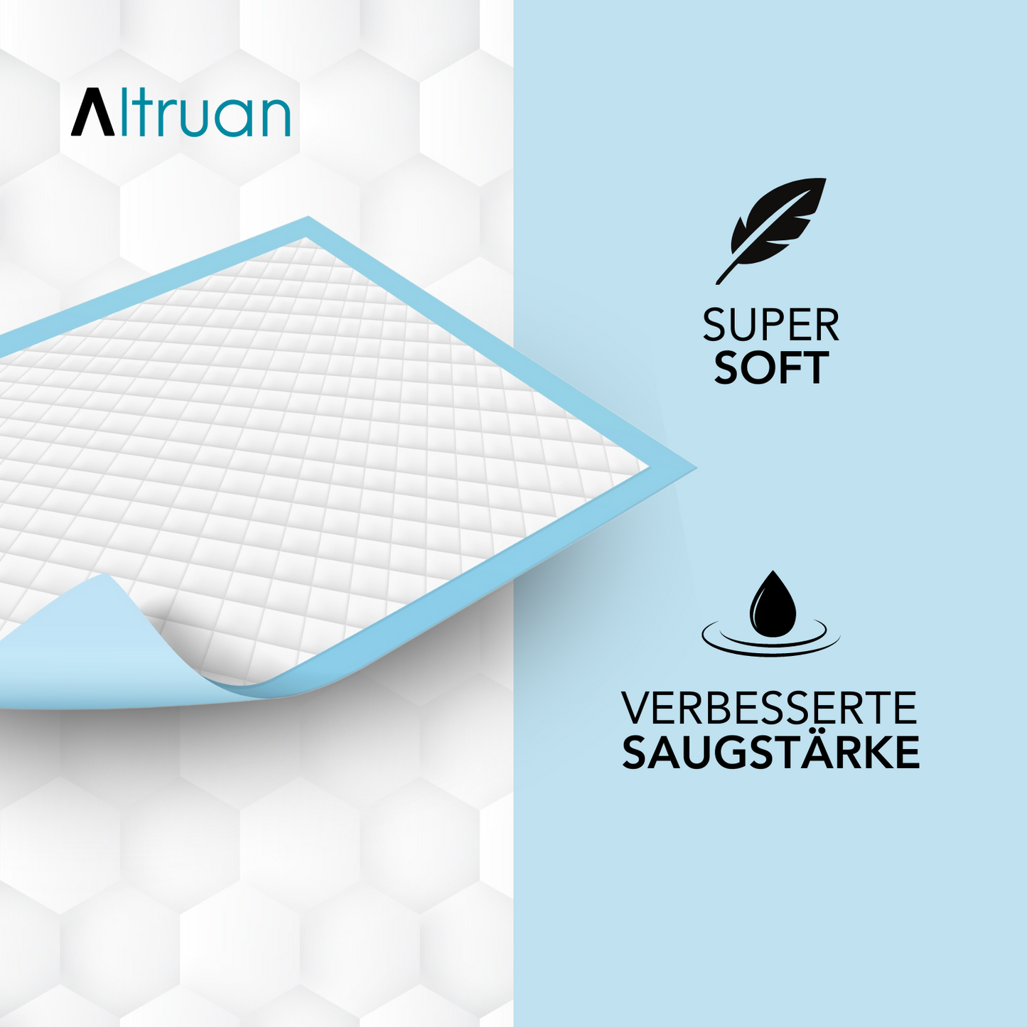 Image d'une annonce produit pour Altruan avec des protections de lit Altruflock® blanches, matelassées en losanges, 60 x 90 cm Supersoft Extrêmement Absorbant | Paquet (25 pièces) avec bord bleu, partiellement pliées. L'arrière-plan passe d'un motif en nid d'abeille à un bleu uni. Les symboles et le texte indiquent « Super Soft » et « Absorption Améliorée ».
