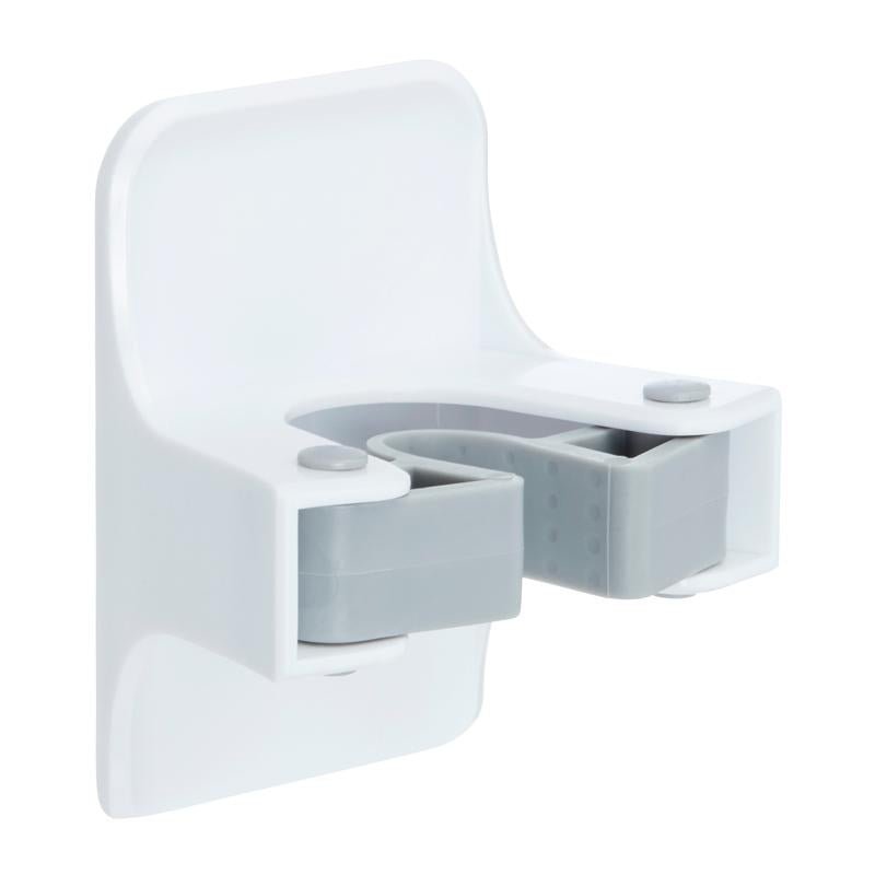 Le support à balai Command™, 17007-FR de 3M Deutschland GmbH, est un support mural blanc et gris avec un design en forme de U et deux coussinets de préhension gris pour fixer des balais ou des vadrouilles.
