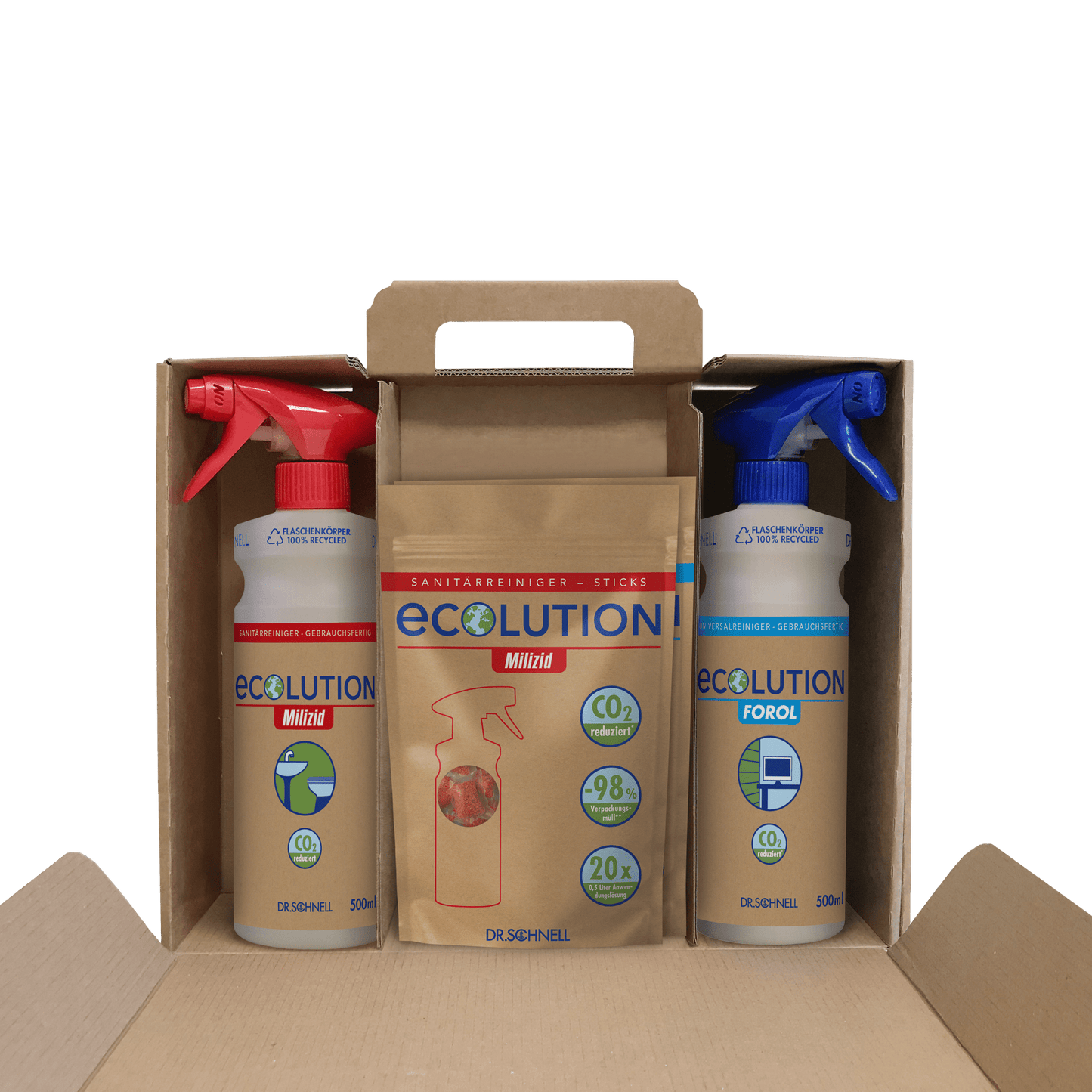 Le Dr. Schnell kit de démarrage ECOLUTION de DR.SCHNELL GmbH & Co. KGaA contient des flacons pulvérisateurs et des sticks FOROL & MILIZID (450 g) dans une boîte - une solution de nettoyage respectueuse de l'environnement avec des avantages de réduction de CO2.