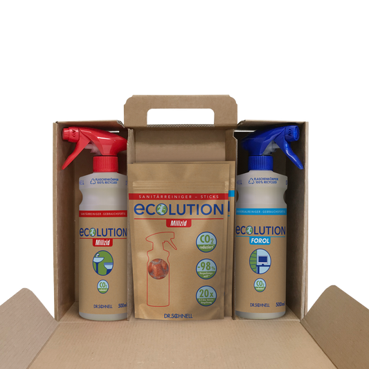 Das Dr. Schnell ECOLUTION Starterkit der DR.SCHNELL GmbH & Co. KGaA enthält Sprühflaschen und FOROL & MILIZID Sticks (450 g) in einer Box - eine umweltfreundliche Reinigungslösung mit CO2-Reduktionsvorteilen.