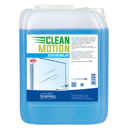 Ein 10-Liter-Kunststoffbehälter von Dr. Schnell CLEANMOTION SCHEIBENKLAR der DR.SCHNELL GmbH & Co. KGaA, mit Produktinfo und einer Windschutzscheibengrafik auf dem Etikett - idealer Glasreiniger für die streifenfreie Reinigung.
