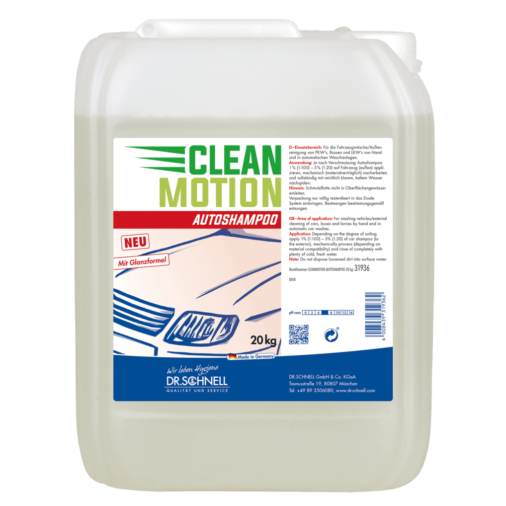 Ein 20-kg-Kunststoffbehälter von Dr. Schnell CLEANMOTION AUTOSHAMPOO der DR.SCHNELL GmbH & Co. KGaA, mit weißem Deckel und deutschem Etikett mit Auto-Motiv. Die hellgelbe Flüssigkeit sorgt für eine effektive Fahrzeugreinigung für Profis.