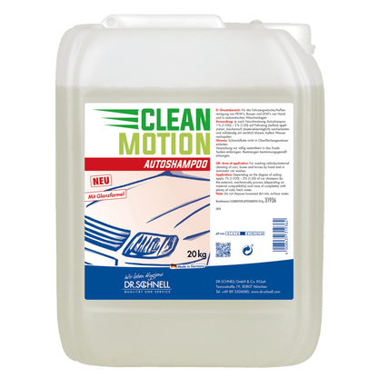 Ein 20-kg-Kunststoffbehälter von Dr. Schnell CLEANMOTION AUTOSHAMPOO der DR.SCHNELL GmbH & Co. KGaA, mit weißem Deckel und deutschem Etikett mit Auto-Motiv. Die hellgelbe Flüssigkeit sorgt für eine effektive Fahrzeugreinigung für Profis.