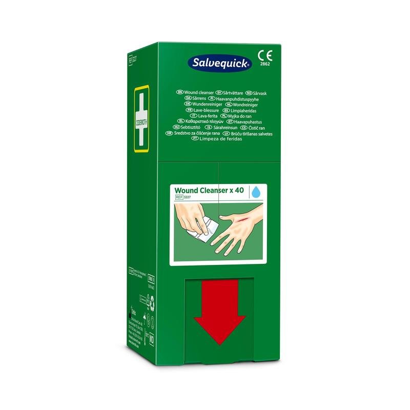 La boîte verte (40 pièces) de Orkla Wound Care AB Salvequick savett nettoyant pour plaies (0,9% NaCl, stérile) est munie d'une croix blanche, d'un texte multilingue, d'une illustration pour nettoyer les mains et d'une grande flèche rouge pointant vers le bas sur la partie inférieure.