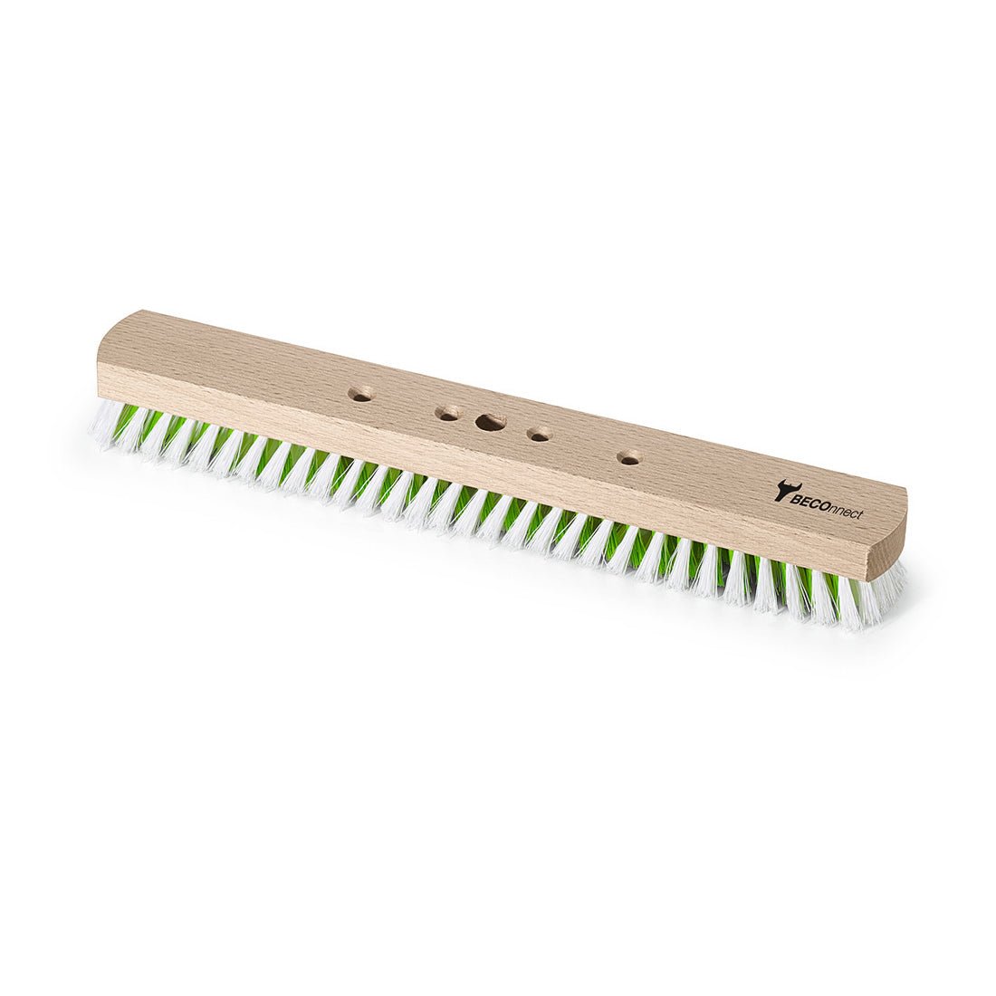La brosse professionnelle Nölle BECOnnect pour grandes surfaces (40 cm), dotée de poils en PP blancs et verts, est représentée ci-dessus sur fond blanc et comporte trois trous pour la fixation du manche. Marque : Nölle Profi Brush Bürsten- & Pinseltechnik e.K.