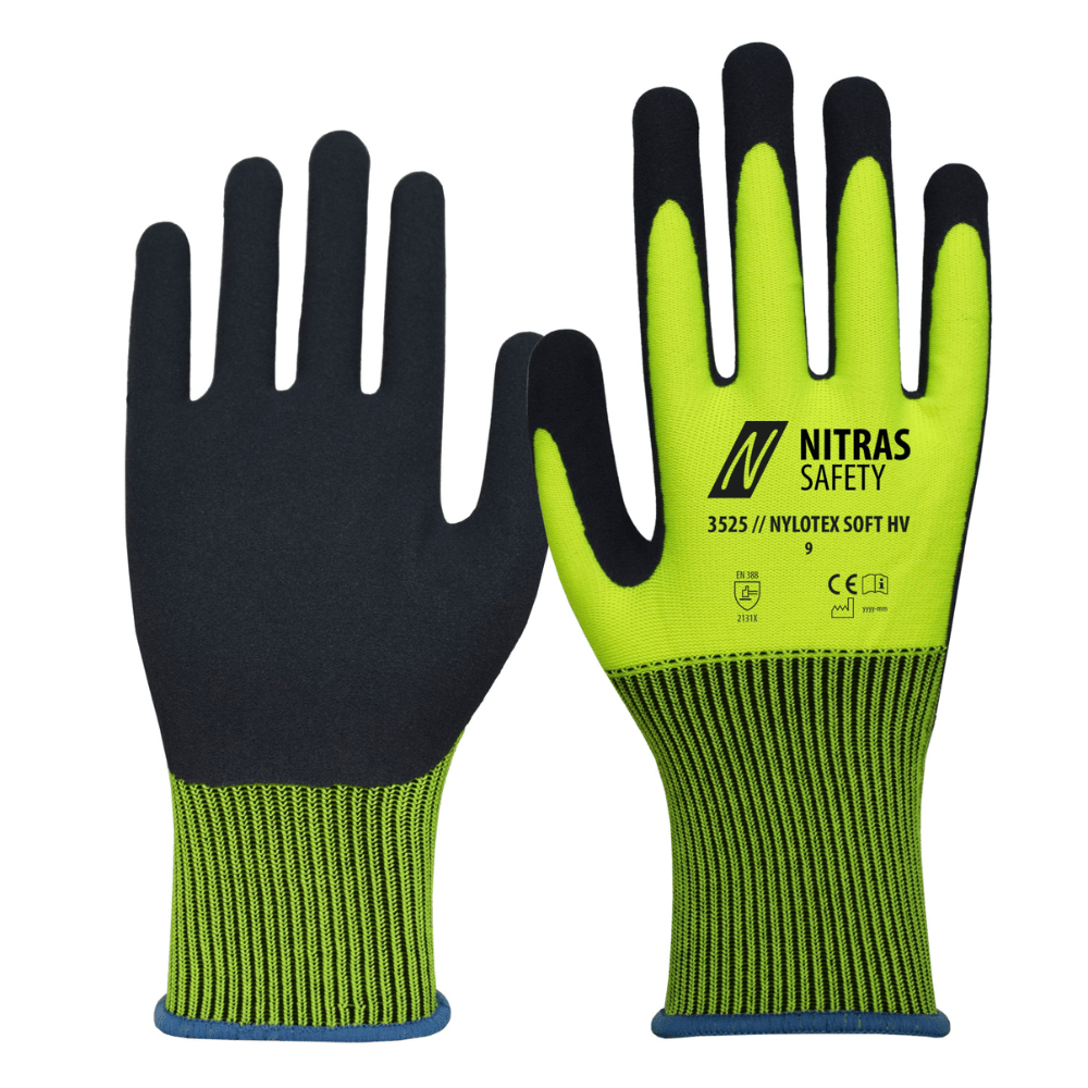 Une paire de gants en nylon NITRAS NYLOTEX SOFT HV jaune néon de AS Arbeitsschutz GmbH avec des détails noirs, un poignet en tricot et un revêtement partiel en mousse de latex robuste sur la paume.