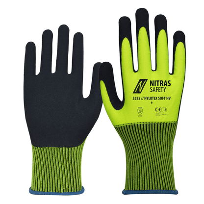 Une paire de gants en nylon NITRAS NYLOTEX SOFT HV jaune néon de AS Arbeitsschutz GmbH avec des détails noirs, un poignet en tricot et un revêtement partiel en mousse de latex robuste sur la paume.