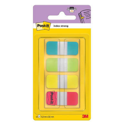 Les onglets de classement Post-it® Index Strong, Mini (15,8 mm x 38,1 mm) en jaune, rouge, bleu et vert de 3M Deutschland GmbH sont livrés en tant que 40 bandes adhésives/distributeur (1 pièce), idéaux pour organiser des documents - un paquet avec distributeur en plastique.