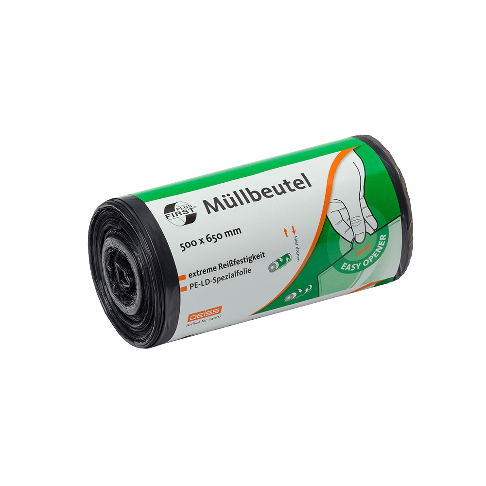 Le sac poubelle EMIL DEISS KG (GmbH + Co.) DEISS 34007, 500x650 mm gris, rouleau de 50 pièces, idéal pour les fournitures de bureau. Le rouleau gris présente un graphique de main et un symbole "easy opener" pour une ouverture facile.