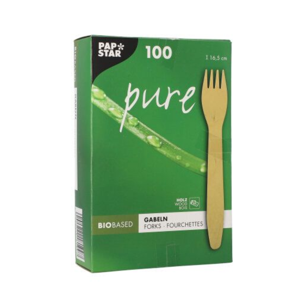Une boîte pliable verte de PAPSTAR GmbH avec l'inscription "Fourchettes en bois pure" contient 100 fourchettes en bois écologiques et stables (16,5 cm), avec une image de fourchette et de tige de plante sur le devant.