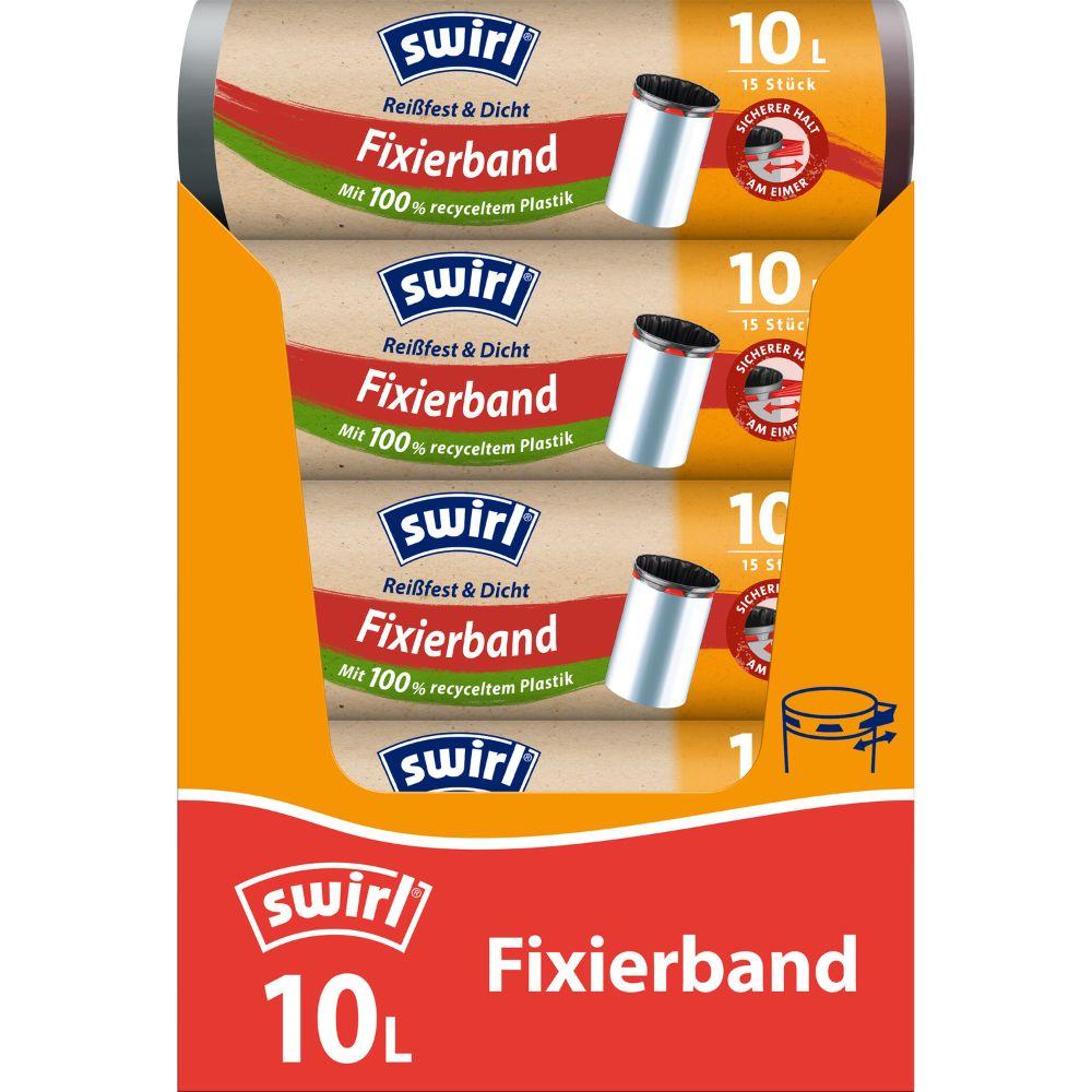 Die Verpackung des Swirl Fixierband-Müllbeutels 10 l Reißfest & Dicht von Melitta Europa GmbH & Co. KG zeigt drei Rollen, besteht aus umweltfreundlichem, 100 % recyceltem Plastik, hat ein Fassungsvermögen von 10 l und ist in den Farben Rot, Orange und Blau mit Logo und Symbolen versehen.