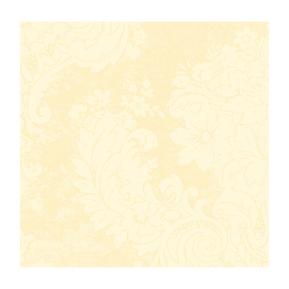 Une serviette Dunilin® à motif carré au format 40 x 40 cm de Duni GmbH présente un fond jaune clair avec des motifs floraux et feuillus complexes dans une teinte jaune légèrement plus foncée, offrant un effet décoratif subtil, idéal pour des serviettes élégantes jetables pour des occasions festives.