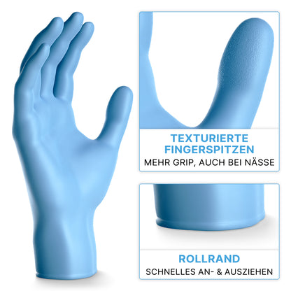 Der ARNOMED NITRIL BLUE XTRA STRONG Einmalhandschuh von ARNOWA GmbH wird gezeigt, mit Nahaufnahmen seiner texturierten Fingerspitzen für besseren Griff und einem Rollrand für leichtes An- und Ausziehen. Deutsche Texte erläutern die Features.