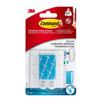 Un paquet de 10 bandes Command™ 17021B, imperméables, taille M de 3M Deutschland GmbH est présenté comme une solution de fixation adhésive sans perçage pour la salle de bain, avec des informations produit en français sur l'emballage.
