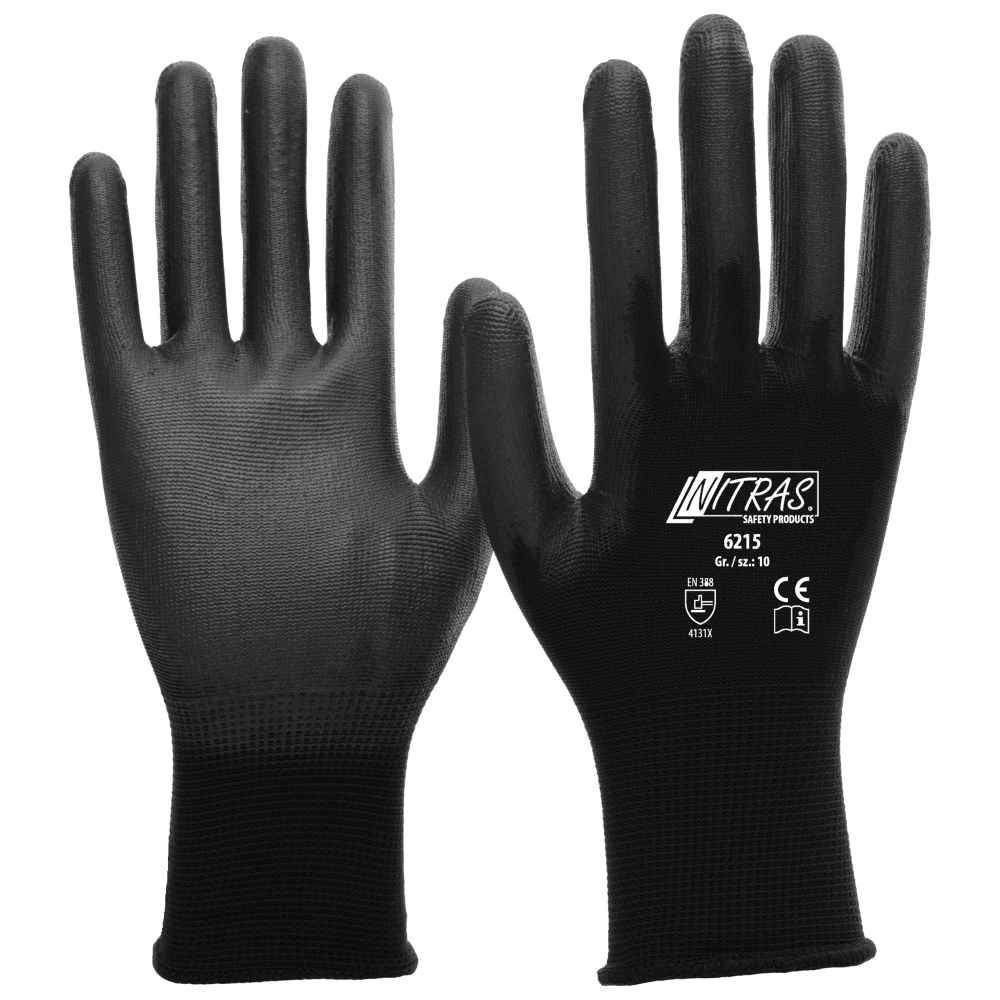 Une paire de gants en nylon NITRAS noirs, partiellement enduits de PU par AS Arbeitsschutz GmbH, est illustrée – montrant une paume imprimée, l'autre côté étant enduit de PU.