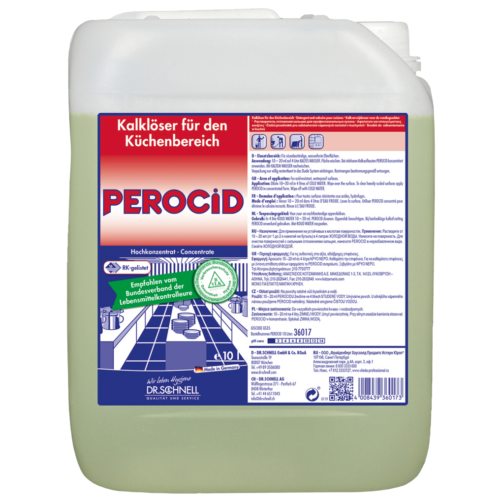 Un récipient de 10 litres de Dr. Schnell Le détartrant PEROCID de la société DR.SCHNELL GmbH & Co. KGaA, doté d'un bouchon blanc et d'une poignée, est muni d'une étiquette allemande rouge et bleue comportant des consignes d'utilisation et des symboles de sécurité.