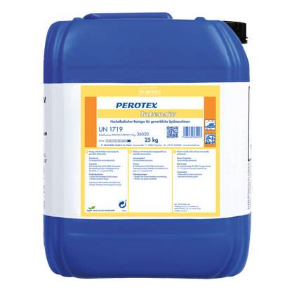 Ein großer blauer Kunststoffbehälter mit schwarzem Deckel und der Aufschrift "Dr. Schnell PEROTEX INTENSIV Geschirrreiniger für gewerbliche Spülmaschinen" der DR.SCHNELL GmbH & Co. KGaA, fasst 25 kg und ist mit einem Gefahrenhinweis in deutscher Sprache versehen.