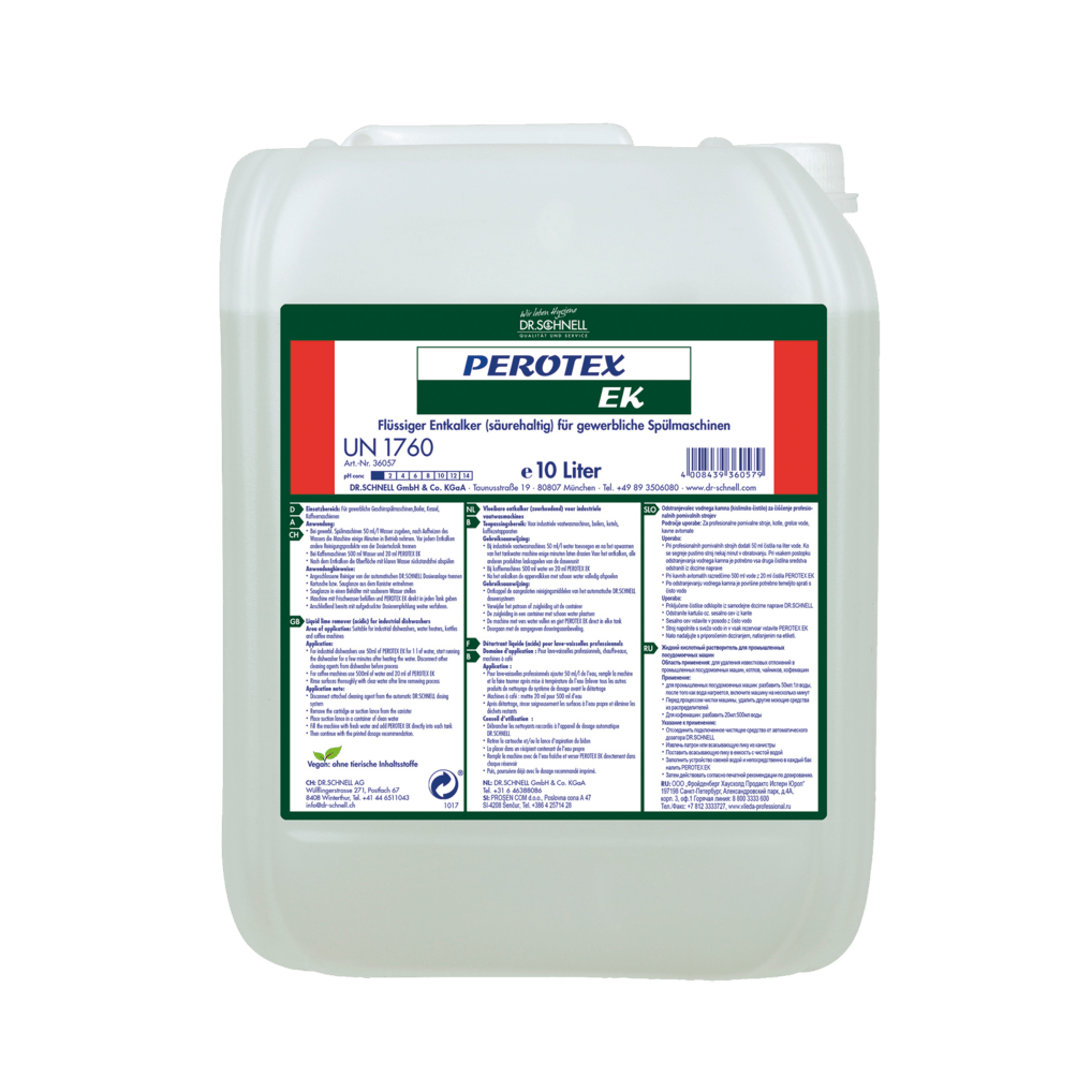 Un bidon de 10 litres Dr. Schnell PEROTEX EK détartrant pour lave-vaisselle professionnel et hygiène de cuisine de DR.SCHNELL, avec une étiquette allemande multicolore contenant des informations sur le produit et des instructions sur le devant.