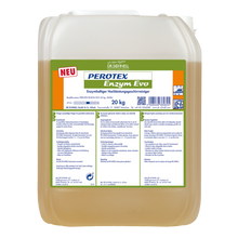 Ein 20 kg Gebinde Dr. Schnell PEROTEX ENZYM EVO von DR.SCHNELL GmbH & Co. KGaA, einem enzymatischen Reiniger für den professionellen Einsatz, mit Produktangaben und Anweisungen auf einem weißen Etikett mit blauer und grüner Schrift.