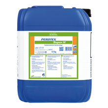 Ein blauer 12 kg Kunststoffbehälter mit der Aufschrift "Dr. Schnell PEROTEX SUPER H" der DR.SCHNELL GmbH & Co. KGaA, ein Hochleistungsreiniger für den professionellen Einsatz, mit Produktcodes und mehrsprachigen Anweisungen auf dem weiß-grünen Etikett.