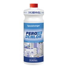 Eine 1L weiße Kunststoffflasche der DR.SCHNELL GmbH & Co. KGaA PERO CHLOR Chlorreiniger für Oberflächen mit roter Kappe und blauem Etikett, beschriftet in Deutsch für professionelle Küchen- und Lebensmittelhygiene.