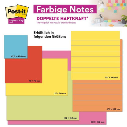 Un présentoir de Post-it® Super Sticky Notes, 76 mm x 127 mm, 90 feuilles par bloc, 100% certifié PEFC, de 3M Deutschland GmbH, avec des notes visibles sur un mur de bureau en arrière-plan.