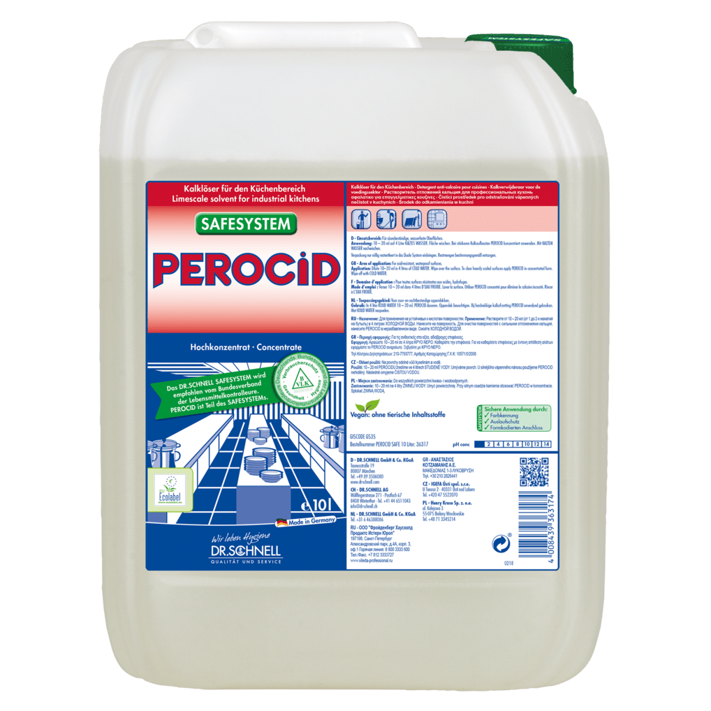 Un récipient en plastique de 10 litres de Dr. Schnell Détartrant PEROCID pour surfaces de la société DR.SCHNELL GmbH & Co. KGaA, doté d'un bouchon vert et d'une étiquette allemande bleue et rouge comportant des instructions et des schémas relatifs au nettoyage des surfaces et à l'élimination du calcaire.