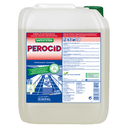 Un récipient en plastique de 10 litres de Dr. Schnell Détartrant PEROCID pour surfaces de la société DR.SCHNELL GmbH & Co. KGaA, doté d'un bouchon vert et d'une étiquette allemande bleue et rouge comportant des instructions et des schémas relatifs au nettoyage des surfaces et à l'élimination du calcaire.