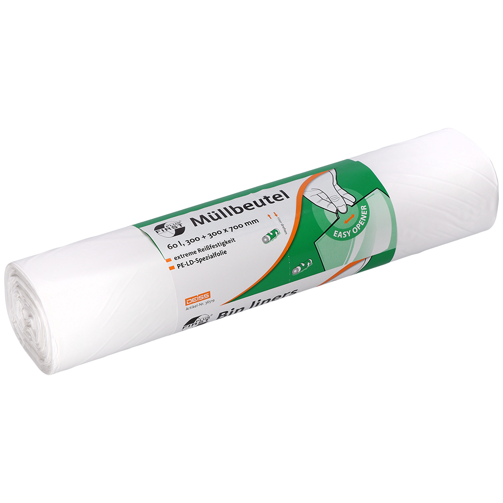 Un rouleau blanc EMIL DEISS KG (GmbH + Co.) DEISS 36519 sacs poubelle, 300+300x700 mm, 50 pièces, avec étiquette vert-blanc avec illustration de main pour une ouverture facile ; biodégradable.