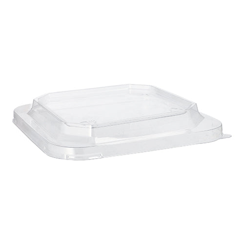 Le couvercle Starpak 25 pour boîtes à lunch PET rectangulaire transparent, un couvercle rectangulaire transparent avec un centre surélevé et des côtés inclinés de Starpak, est affiché sur un fond blanc.