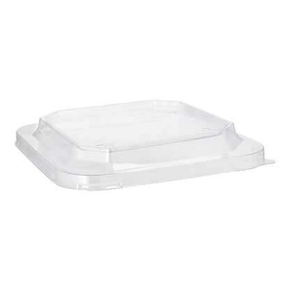 Le couvercle Starpak 25 pour boîtes à lunch PET rectangulaire transparent, un couvercle rectangulaire transparent avec un centre surélevé et des côtés inclinés de Starpak, est affiché sur un fond blanc.