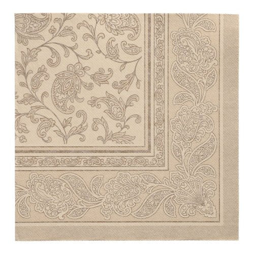 Les PAPSTAR 50 serviettes "ROYAL Collection" 1/4-pli 40 x 40 cm en sable de PAPSTAR GmbH ont une élégante bordure Paisley et florale - idéale pour des serviettes de haute qualité.