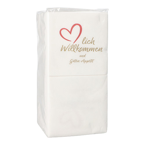 Un paquet de PAPSTAR 125 serviettes, 2 plis « PUNTO », 1/4 pli (20x20 cm, microgaufrées) de PAPSTAR GmbH – décoré d'un cœur rouge et de l'inscription « Lich Willkommen und Guten Appetit », parfait pour des occasions spéciales.