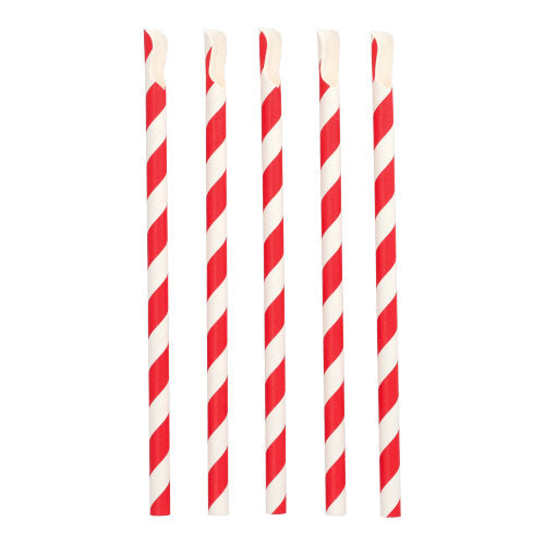 Cinq PAPSTAR pailles avec cuillère, rouge/blanc "Stripes" (23 cm, Ø 10 mm) de la société PAPSTAR GmbH sont alignées debout, chacune avec des rayures diagonales rouge-blanc et une extrémité en forme de cuillère inclinée sur un fond blanc.