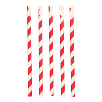 Cinq PAPSTAR pailles avec cuillère, rouge/blanc "Stripes" (23 cm, Ø 10 mm) de la société PAPSTAR GmbH sont alignées debout, chacune avec des rayures diagonales rouge-blanc et une extrémité en forme de cuillère inclinée sur un fond blanc.