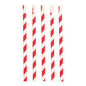 Cinq PAPSTAR pailles avec cuillère, rouge/blanc "Stripes" (23 cm, Ø 10 mm) de la société PAPSTAR GmbH sont alignées debout, chacune avec des rayures diagonales rouge-blanc et une extrémité en forme de cuillère inclinée sur un fond blanc.