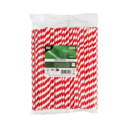 Un sac en plastique transparent contient 200 PAPSTAR pailles en papier rouge/blanc "Stripes", flexibles, 22 cm. L'étiquette de la PAPSTAR GmbH indique la taille et le matériau en papier écologique sur un fond blanc.