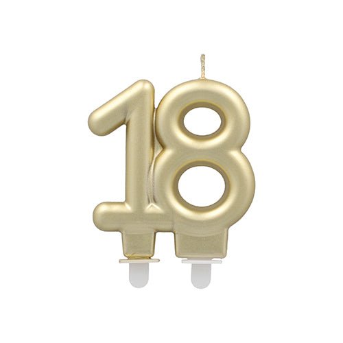 PAPSTAR Bougies d'anniversaire avec support 7 cm "or" de PAPSTAR GmbH, en forme de chiffre 18 avec deux supports blancs, sur fond blanc - idéales comme bougies d'anniversaire ou bougies festives avec support pour des occasions spéciales.