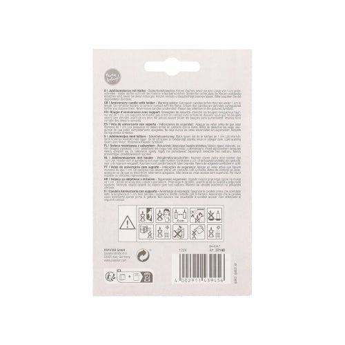 Le dos d'un paquet de PAPSTAR bougies d'anniversaire avec support 7 cm "or" (par PAPSTAR GmbH) est doté de texte multilingue, de symboles d'avertissement et de recyclage, d'un code-barres en dessous et d'une languette centrale pour la suspension - idéal pour les anniversaires ou les bougies avec support.