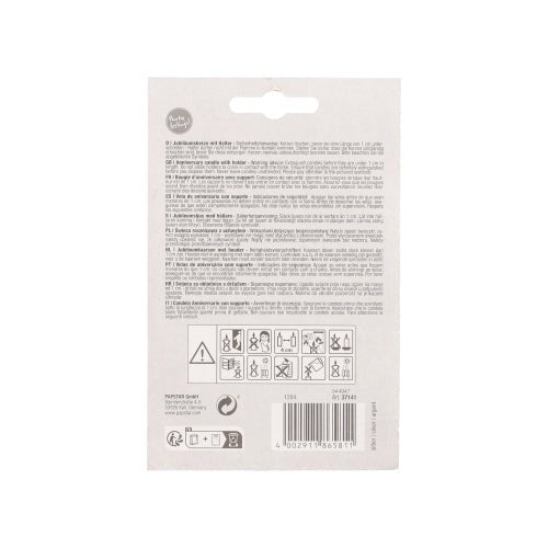 Au dos de la PAPSTAR bougie d'anniversaire avec support 7 cm "argent" de la PAPSTAR GmbH se trouvent un mode d'emploi multilingue, des symboles de sécurité et de recyclage, un code-barres et une languette de suspension, le tout en noir sur fond blanc.