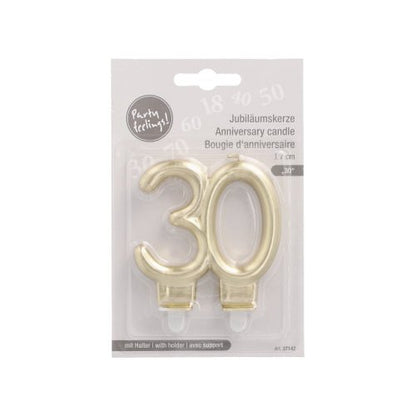 PAPSTAR bougies d'anniversaire avec support 7 cm "or" de PAPSTAR GmbH : bougies d'anniversaire numéro 30 avec support, inscrites en allemand, anglais et français pour des fêtes d'anniversaire simples.