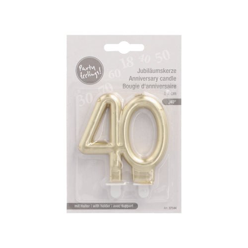 Les PAPSTAR GmbH bougies d'anniversaire avec support 7 cm "or" sont des bougies dorées en forme de numéro 40 dans un emballage transparent avec des inscriptions multilingues, complètes avec support - idéales pour les fêtes d'anniversaire.