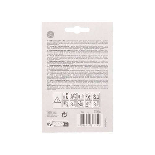 Au dos de l'emballage des PAPSTAR bougies d'anniversaire avec support 7 cm "or" de PAPSTAR GmbH se trouvent des instructions multilingues, des symboles de sécurité et de recyclage, principalement du texte en petit format, un code-barres en bas à droite ainsi que des informations sur le support de bougie.